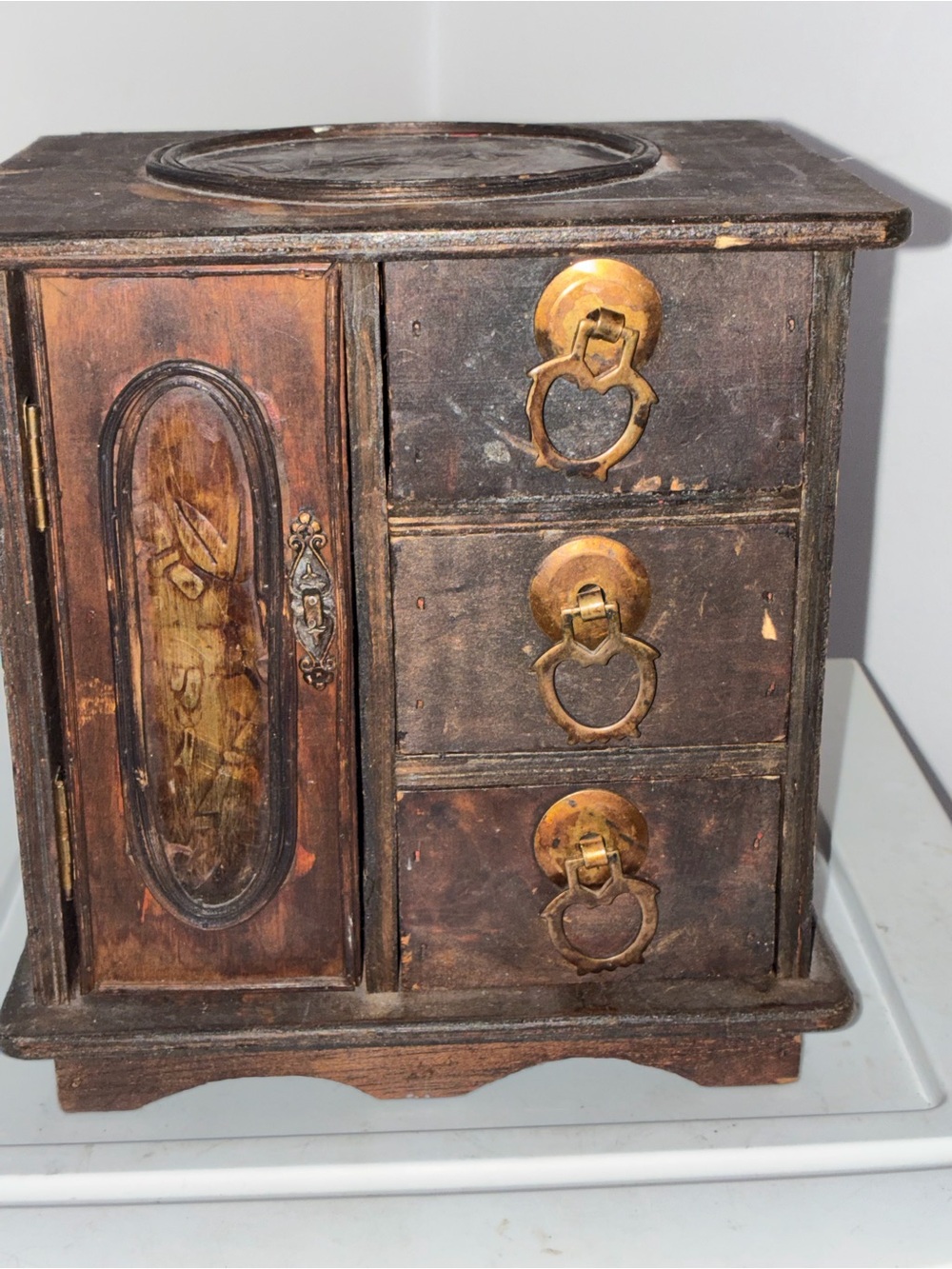 Vintage Wooden Jewelry Box with Brass Ring Pulls - Dark Brown